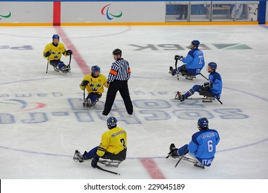 SOCHI, RUSSIA - MAR 12, 2014: Paralympic Winter Games In Ice Arena Shayba. The Sledge Hockey, Match Italy-Sweden