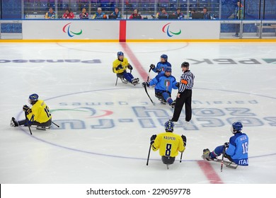 SOCHI, RUSSIA - MAR 12, 2014: Paralympic Winter Games In Ice Arena Shayba. The Sledge Hockey, Match Italy-Sweden