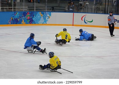 SOCHI, RUSSIA - MAR 12, 2014: Paralympic Winter Games In Ice Arena Shayba. The Sledge Hockey, Match Italy-Sweden