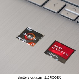 Sochi, Russia - March 22 2022: Laptop Stickers With Cpu AMD Ryzen And Gpu AMD Radeon Technology Logo.