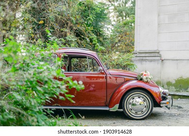 SOCHI, RUSSIA NOVEMBER 16, 2019: Red retro car Volkswagen Beetle is parked against the backdrop of a tropical garden. Wedding car for a wedding for two. Classic red