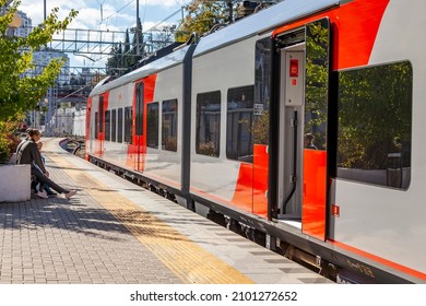 Sochi, Russia, October 20, 2021.  Regional Express Lastochka Near Platform