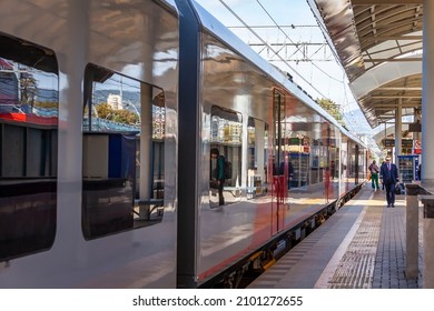 Sochi, Russia, October 20, 2021.  Regional Express Lastochka Near Platform