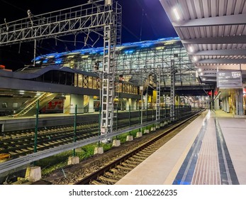 Sochi, Russia, October 20, 2021.  Adler Station. Platform For Regional Express Lastochka At Evening Time