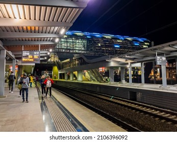 Sochi, Russia, October 20, 2021.  Adler Station. Platform For Regional Express Lastochka At Evening Time