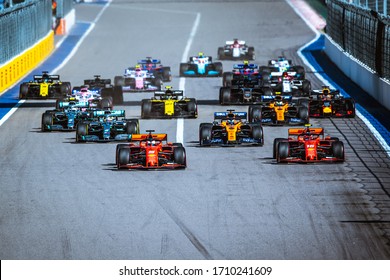 Sochi, Russia - September 26-29, 2019: Start Of The Formula 1 Race, Russian Grand Prix. Ferrari Cars In Front Line.