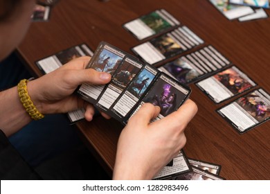 SOCHI, RUSSIA-JANUARY 12, 2019: A Man Is Playing In Board Game Magic: The Gathering