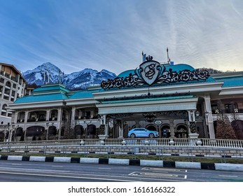 Sochi, Russia-January 14, 2020: Casino On The Background Of The Krasnaya Polyana Mountains.