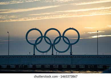 Sochi, Russia-October 8, 2016: Olympic rings at sunset.