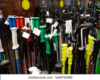 Sochi/Russia, february 2020: number of ski poles in the sports store, original sport equipment