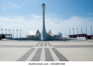 Sochi-Russia-01.09.2021: Fisht Olympic Stadium. The Olympic Torch.