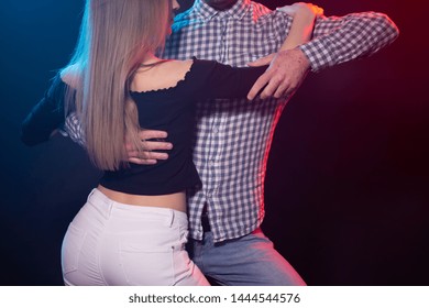 Social Dance, Couple, People Concept - Close Up Of Young Couple Dancing Bachata Or Salsa In The Night Club