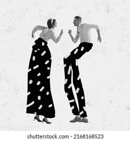 Social Dance. Monochrome Contemporary Art Collage. Ideas, Vintage, Retro Style, Imagination. Young Couple Dancing On Paper Effect Background. Art, Fashion And Music. Model On Long Drawn Legs