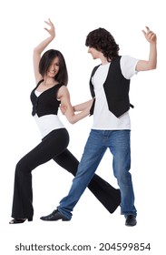 Social dance West Coast Swing. Demonstration of a compression with styling pose.