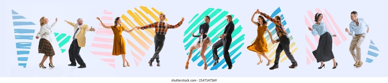 Social dances Contemporary art collage. Dancing couples in retro 70s, 80s styled clothes over bright background with drawings. Concept of art, music, fashion, party, creativity. Flyer - Shutterstock ID 2147147369