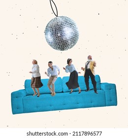 Social dancing. Contemporary art collage with mixed age people in retro 80s style attire dancing on giant blue sofa isolated over light background. Concept of art, music, fashion, creativity, ad - Shutterstock ID 2117896577