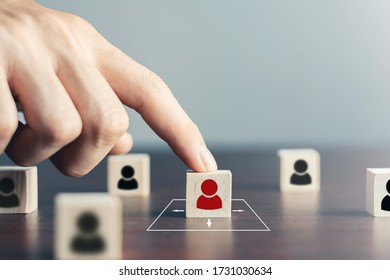 Social Distance And Expanding Human Resources Concept,Man Use Their Fingers To Touch Black Human Symbols On A Wooden Block. People Practice Social Distancing To Protect From  Coronavirus Or (COVID-19)