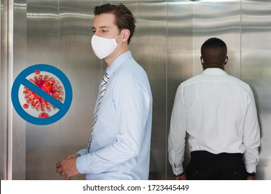 Social Distancing In Elevators Coronavirus Outbreak People Stay In Their Zone Not Face Each Other. Six Mini Zones, Covid 19 Protection With 3d Rendering Virus