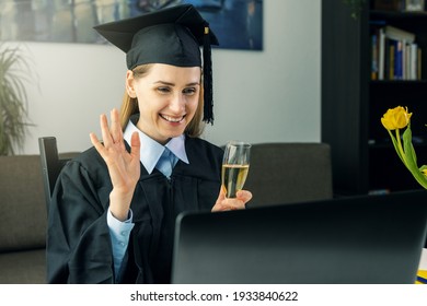 Social Distancing Graduation Party - Female Graduate Wearing Gown And Celebrate Bachelor Degree Online With College Friends At Home