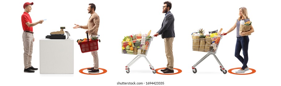 Social distancing measures applied in a supermarket at a cash register for people waiting in line isolated on white background