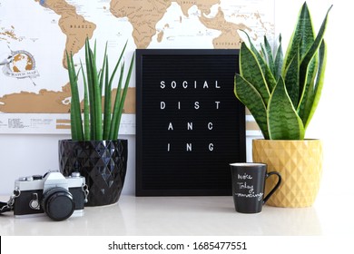 Social Distancing Message On Black Board