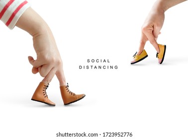 Social distancing new normal with copy space concept, People hand finger walking with shoe together in relationship concept , Coronavirus or Covid-19 Contagious disease concept