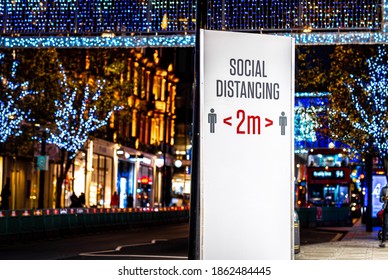 A Social Distancing Stand On Oxford Street, A Major Road In The City Of Westminster In The West End Of London, UK