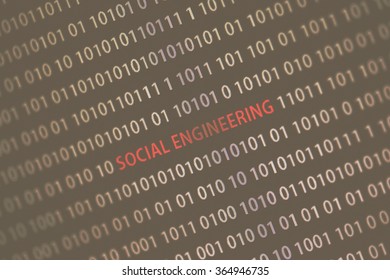 'Social engineering' text in the middle of the computer screen surrounded by numbers zero and one. Image is taken in a small angle. Image has a vintage effect applied.