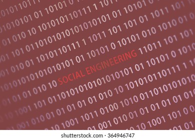 'Social engineering' text in the middle of the computer screen surrounded by numbers zero and one. Image is taken in a small angle. Image has a vintage effect applied.