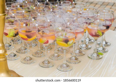 Social Events Reception; Table Served With A Welcome Cocktail For The Guests.