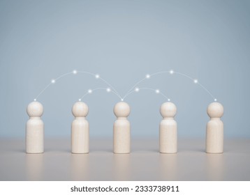 Social gathering and networking global communication linking line on the wooden figures as teamwork or partnership. People's lifestyle and social. Relationships, connection and contact between people. - Powered by Shutterstock