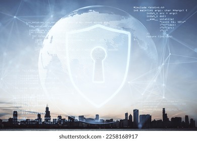 Social global network and cyber security concept with digital blue guard shield and computer software programming world map globe on evening city skyline background - Powered by Shutterstock - Get 15% off with code: PIKWIZARD15