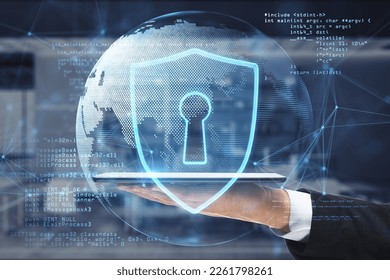 Social global network and cyber security concept with blue guard shield and world map globe on man hand with digital tablet background, double exposure