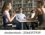 Social inclusion of people with disabilities. Teenage girl student wheelchair user lead group discussion seminar express idea to interested diverse multiracial mates on round table meeting at library