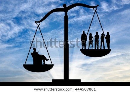 Social inequality . Social inequality on the scales of justice between the rich and ordinary people
