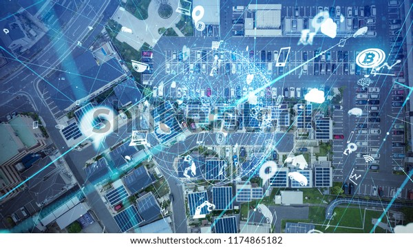 Social\
infrastructure and communication technology concept. IoT(Internet\
of Things). Autonomous transportation.\
