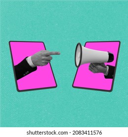 Social matter. Contemporary art collage of hands sticking out tablet screen with megaphone isolated over mint background. Concept of online communication, news, information. Copy space for ad