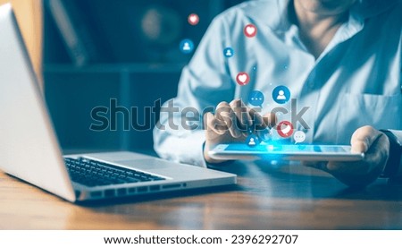 Social media concept. Businesswoman hands using laptop with icon social media and social network,Marketing concept.Check email for work or sending text SMS short message at home, Online communication