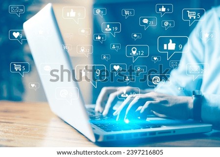 Social media concept. Businesswoman hands using laptop with icon social media and social network,Marketing concept.Check email for work or sending text SMS short message at home, Online communication