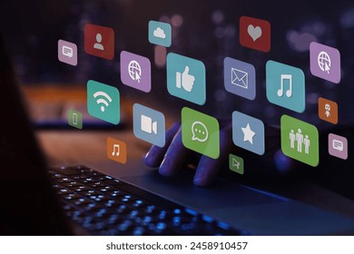 Social media concept with colorful icons, connect to social network to like, comment and share - Powered by Shutterstock