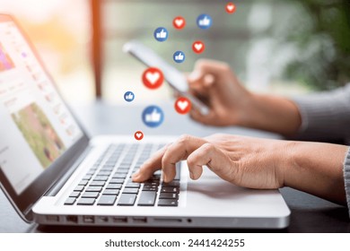 Social media concept. Young female using smart phone, Business woman working on laptop computer in street cafe. My job in my hand. Businesswoman sitting in cafe. Focus of ha - Powered by Shutterstock