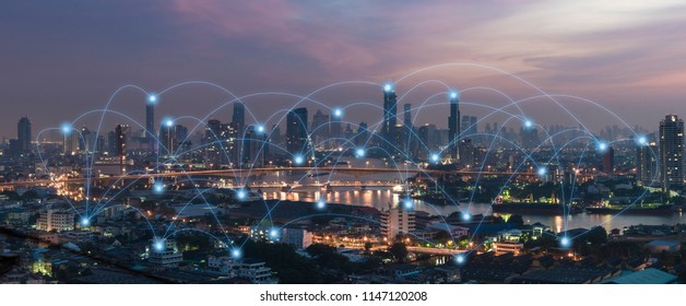 Social media connection by wireless telecommunication technology with cityscape background