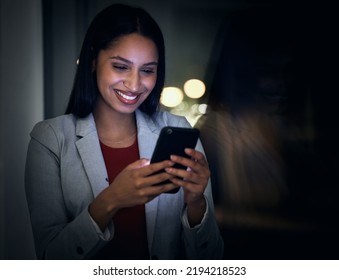 Social Media, Contact Us And Phone With A Business Woman Working In A Dark Office And Reading An Email On Her Mobile. Corporate Professional Closing A Global Deal Across An International Time Zone