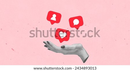 Social Media Creative Concept Art Collage. Icon Web Montage. Copy Space Background Texture Banner Flyer Poster Post Card Design. Like Love Follower Share Symbol Home Page Web Trendy Famous Trend 2024