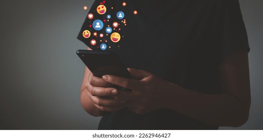 Social media and digital online, concept of living on vacation and playing social media. online marketing, technology network. Woman using mobile smartphone with Social media on black background. - Shutterstock ID 2262946427