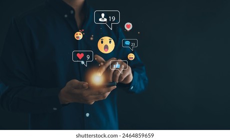 Social media and digital online concept, man using smart phone with Social media. The concept of living on vacation and playing social media. Social Distancing ,communication.