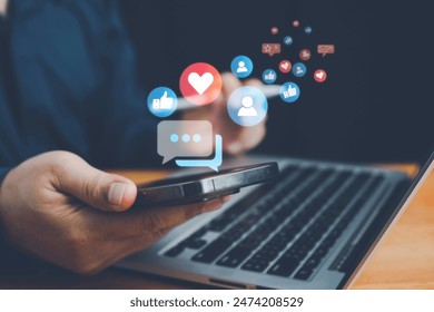 Social media and digital online concept, man using smart phone. The concept of living on vacation and playing social media. Social Distancing ,Working From Home concept. Social media concept. - Powered by Shutterstock