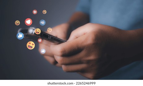Social media and digital online on mobile phone. man using smartphone with social media to click like and love icon on internet post. Concept of living on vacation and playing social media.