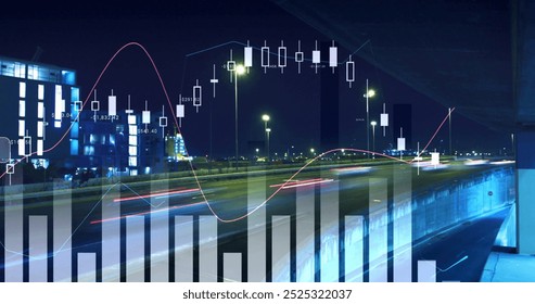 Social media engagement and analytics image over cityscape at night. Technology, digital, data, futuristic, urban, connection - Powered by Shutterstock