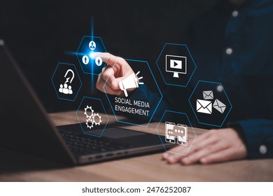 Social media engagement Digital marketing concept, Businesswomen use laptops to create social media platforms to stimulate marketing and effective plan, Activities responding to comments, sharing - Powered by Shutterstock